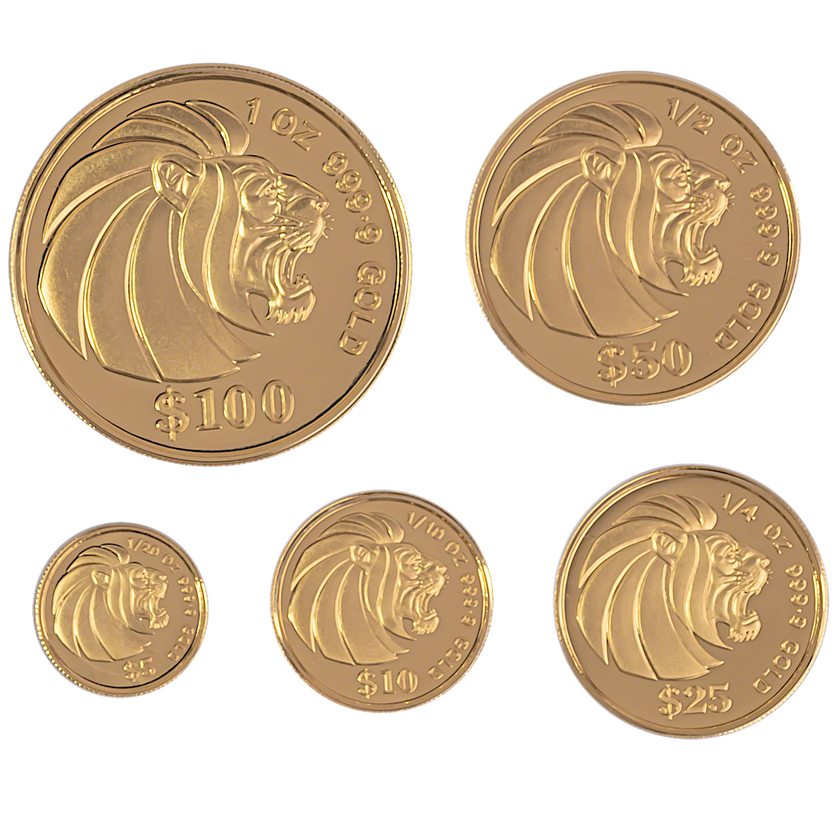 1990 Singapore Gold Lion 5 Coin Proof Set - 1 oz, 1/2 oz, 1